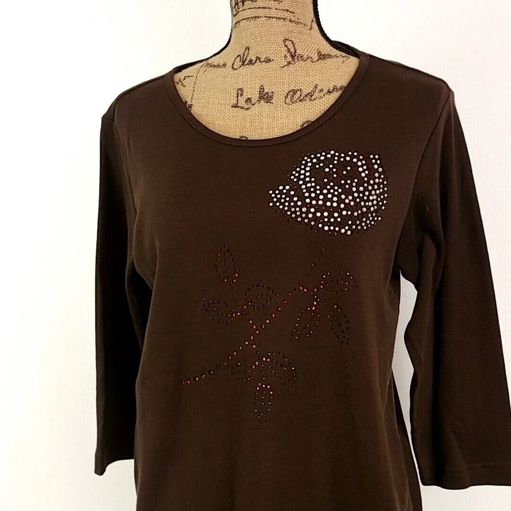 NWT Quacker Factory Womens sz S Top Brown Long Stem Rose Rhinestone Scoop Neck - Picture 2 of 8